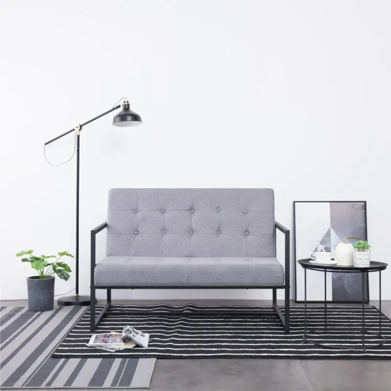 Dvivietė sofa su porankiais, šviesiai pilka, plienas ir audinys
