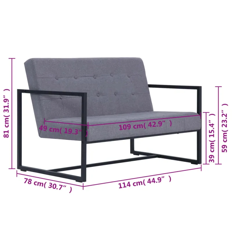 Dvivietė sofa su porankiais, šviesiai pilka, plienas ir audinys