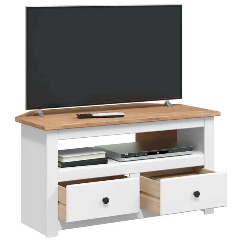 Kampinė TV spintelė Panama, balta, 93x49x49cm, pušies masyvas