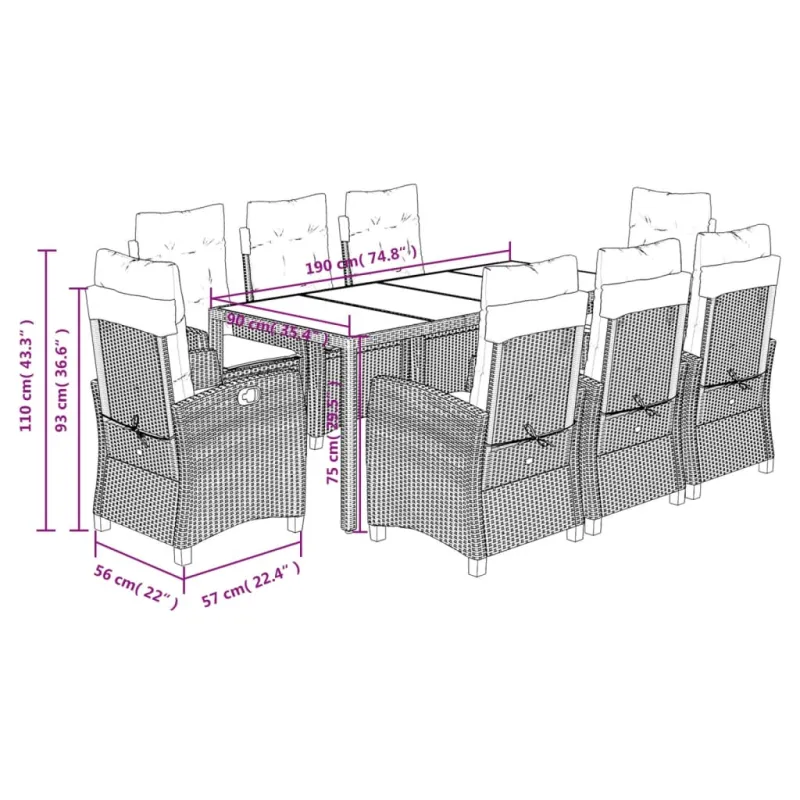 Soodokokoonpano ja tyynysetti, 9-osaa, musta, polyrattani