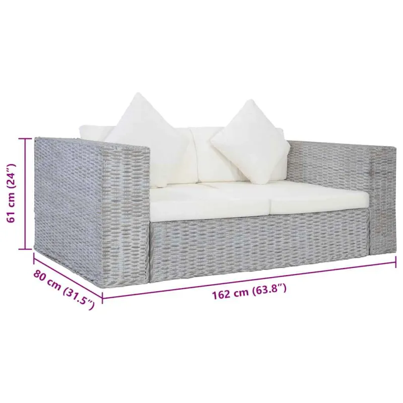 Dvivietė sofa su pagalvėlėmis, pilkos spalvos, natūr. ratanas
