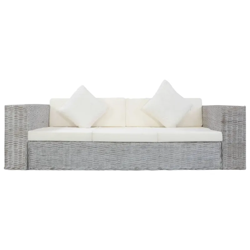 Trivietė sofa su pagalvėlėmis, pilkos spalvos, natūr. ratanas