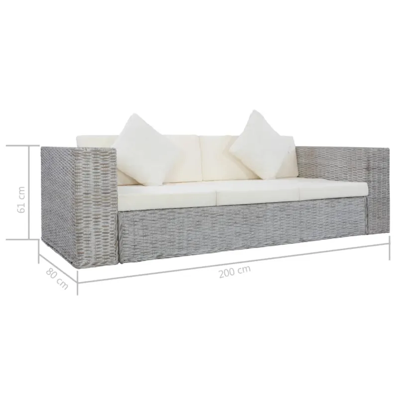 Trivietė sofa su pagalvėlėmis, pilkos spalvos, natūr. ratanas