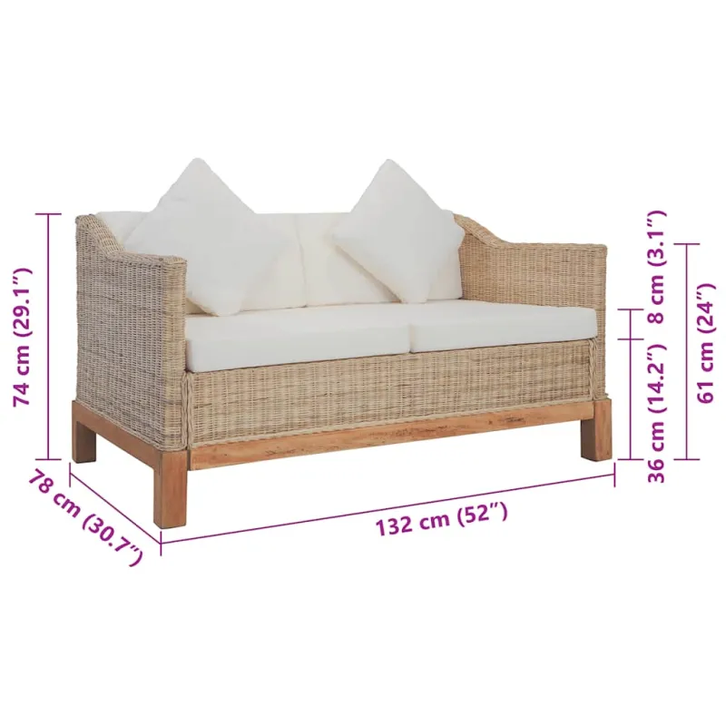Dvivietė sofa su pagalvėlėmis, natūralus ratanas