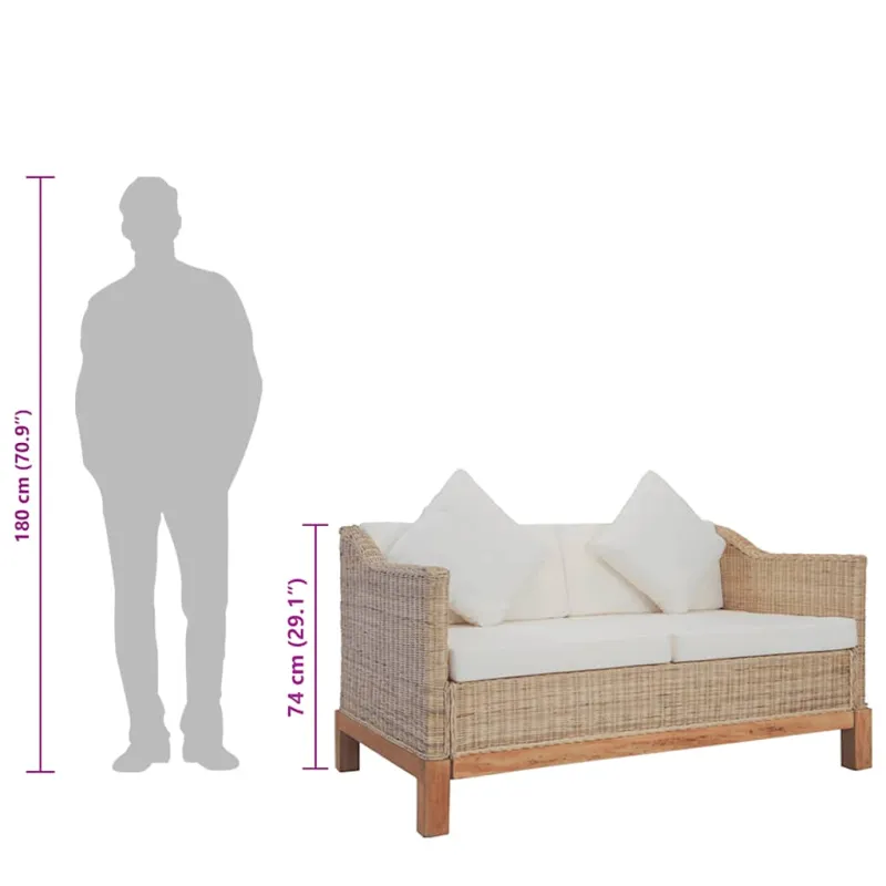 Dvivietė sofa su pagalvėlėmis, natūralus ratanas