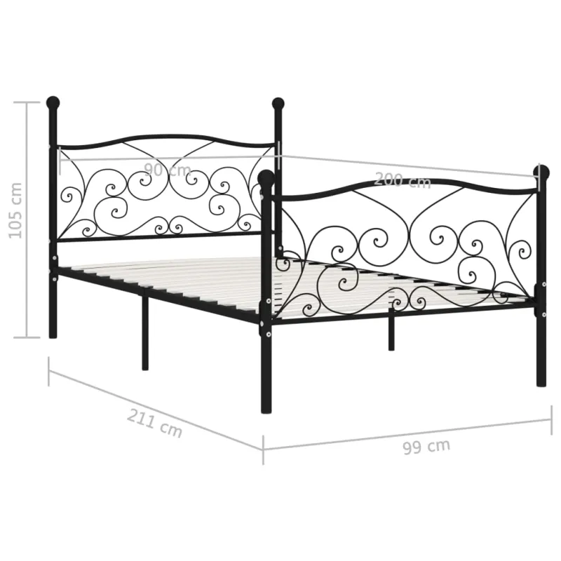Lovos rėmas su grotelių pagrindu, juodas, 90x200cm, metalas
