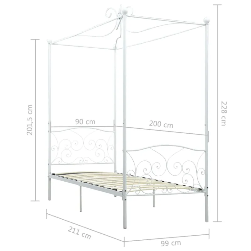 Lovos rėmas su baldakimu, baltos spalvos, 90x200cm, metalas