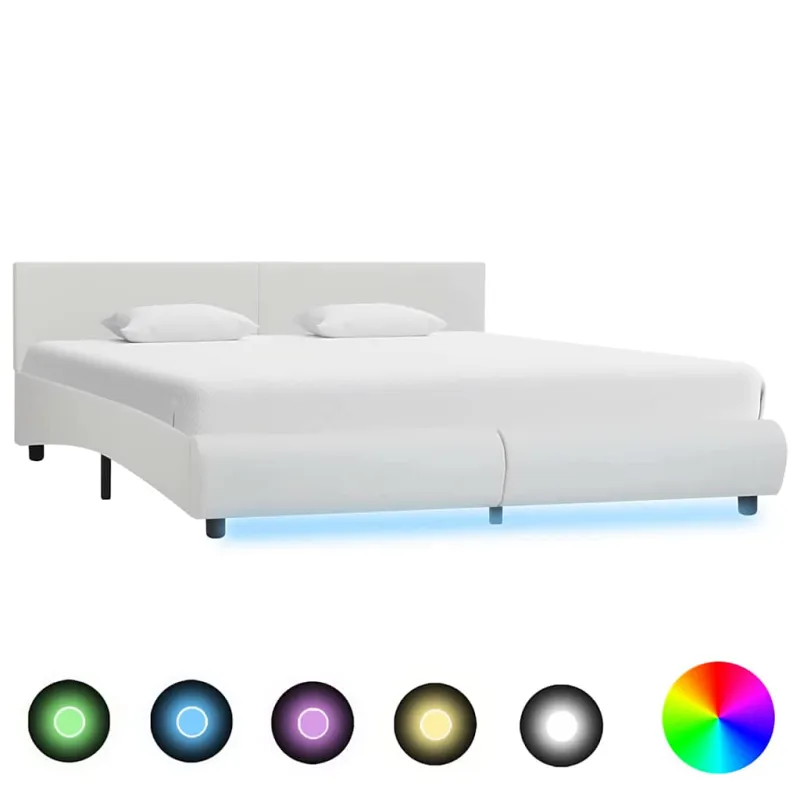 Lovos rėmas su LED, baltos spalvos, 180x200cm, dirbtinė oda