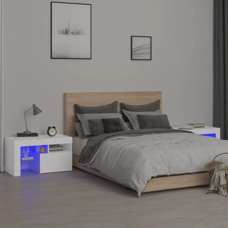 Naktinės spintelės su LED, 2vnt., baltos, 70x36,5x40cm
