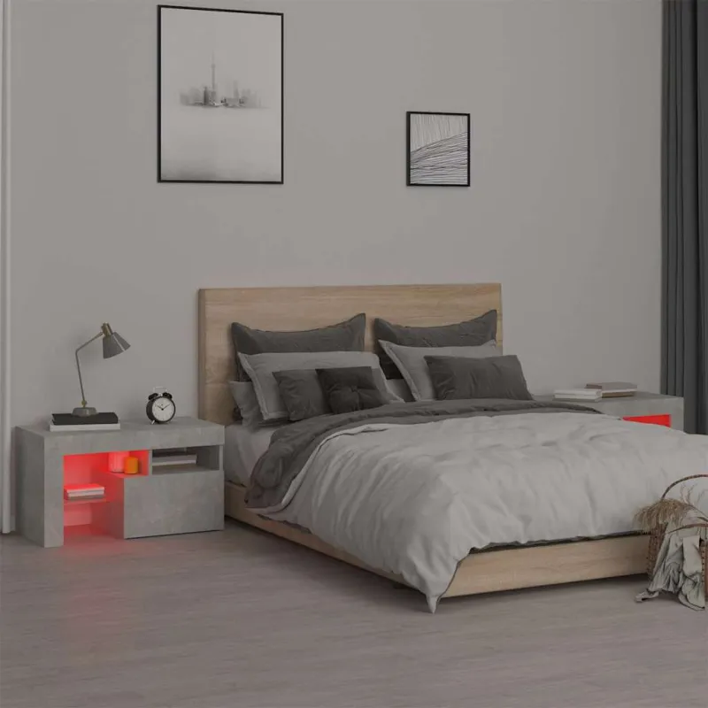 Naktinės spintelės su LED, 2vnt., betono pilkos, 70x36,5x40cm