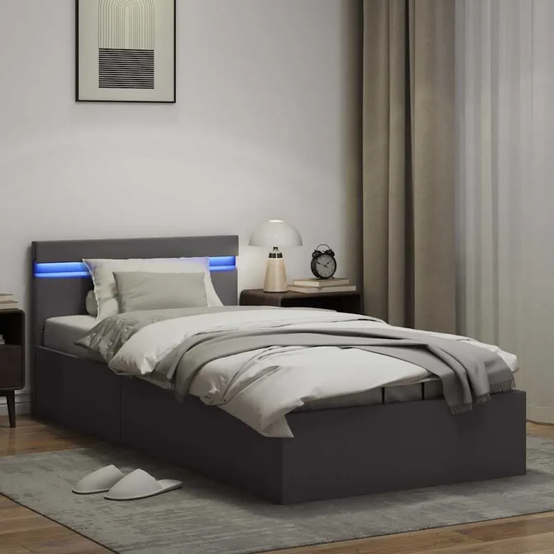 Lovos rėmas su LED/daiktadėže, pilkas, 90x200cm, dirbtinė oda