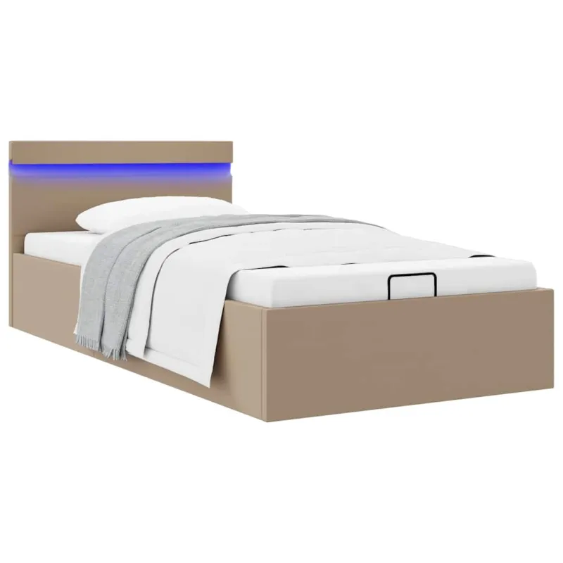 Lovos rėmas su LED/daiktadėže, rudas, 90x200cm, dirbtinė oda