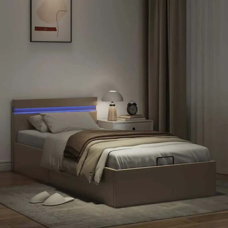 Lovos rėmas su LED/daiktadėže, rudas, 100x200cm, dirbtinė oda