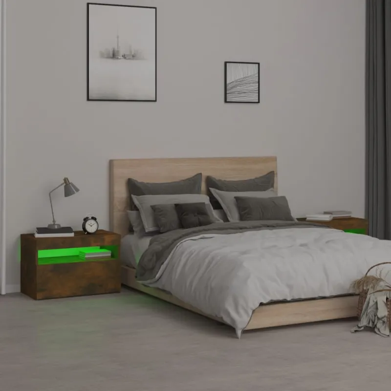 Naktinės spintelės su LED, 2vnt., dūminio ąžuolo, 60x35x40cm