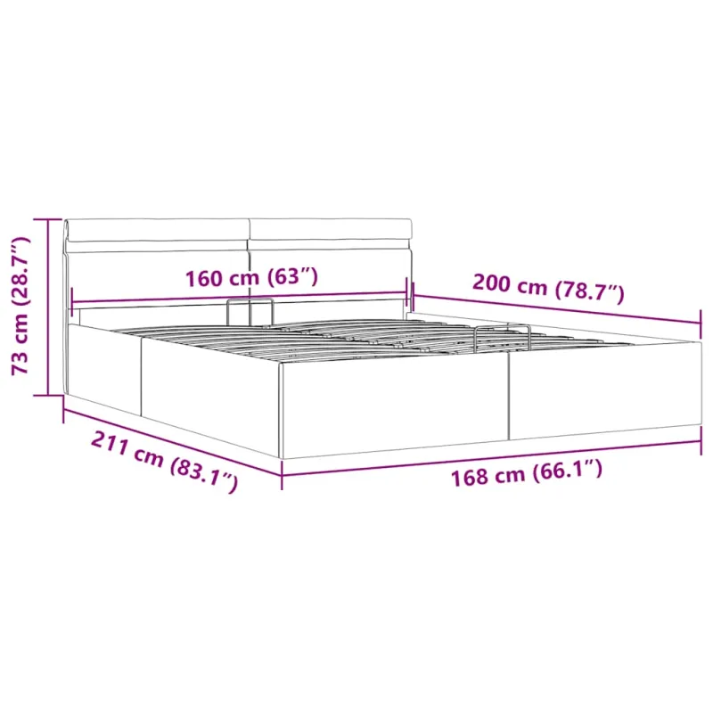 Lovos rėmas su LED/daiktadėže, rudas, 160x200cm, dirbtinė oda
