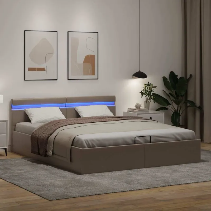 Lovos rėmas su LED/daiktadėže, rudas, 180x200cm, dirbtinė oda