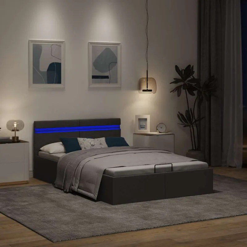 Lovos rėmas su LED ir daiktadėže, pilkas, 140x200cm, audinys