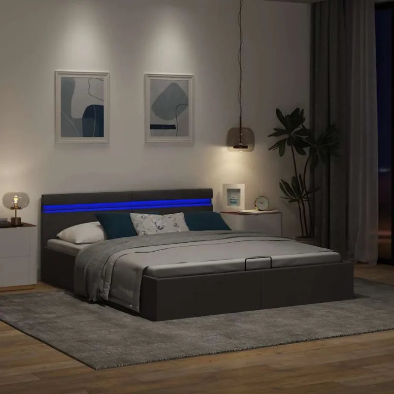 Lovos rėmas su LED ir daiktadėže, pilkas, 160x200cm, audinys