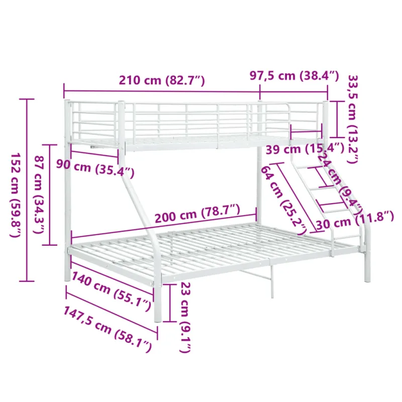 Dviaukštės lovos rėmas, baltas, 140x200cm/90x200cm, metalas