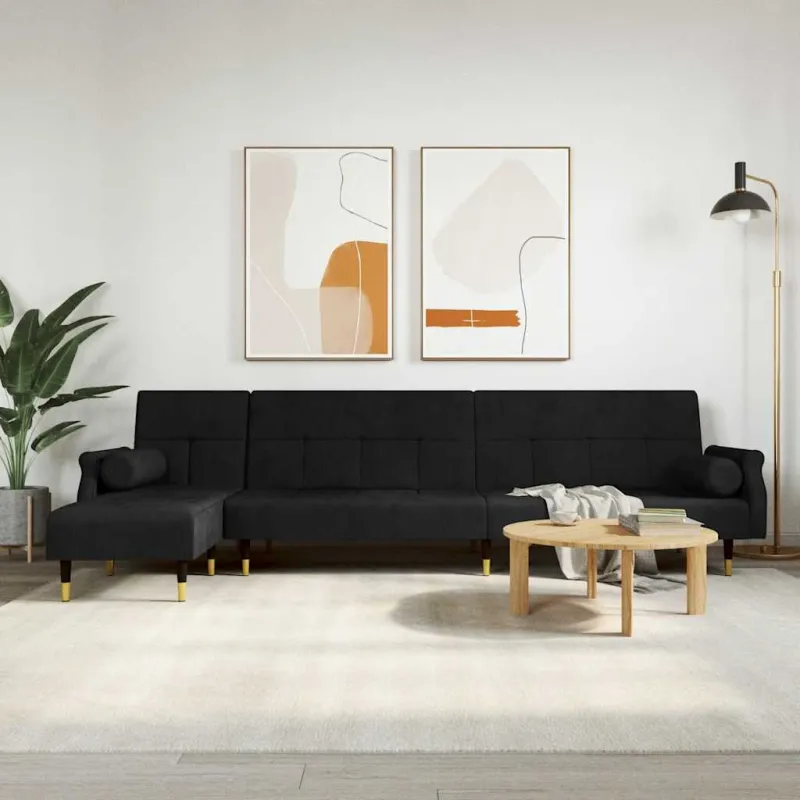 L formos sofa-lova, juodos spalvos, 271x140x70cm, aksomas