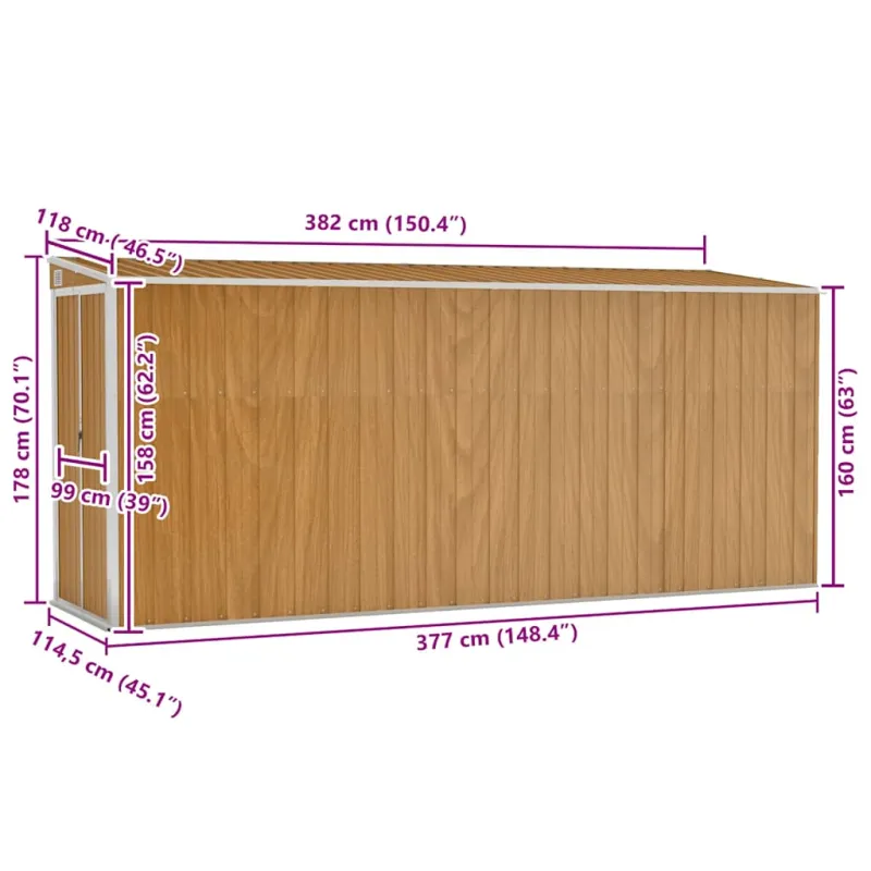Prie sienos montuojamas sodo sandėliukas, rudas, 118x382x178 cm, cinkuotas plienas