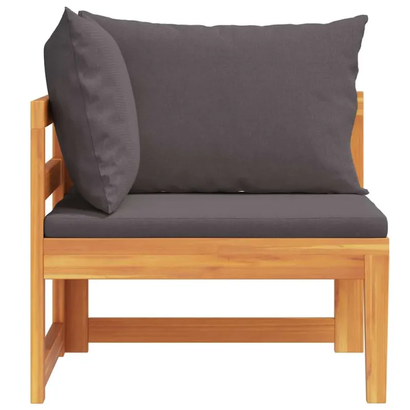 Kampinė sofa su tamsiai pilkomis pagalvėlėmis, akacijos masyvas