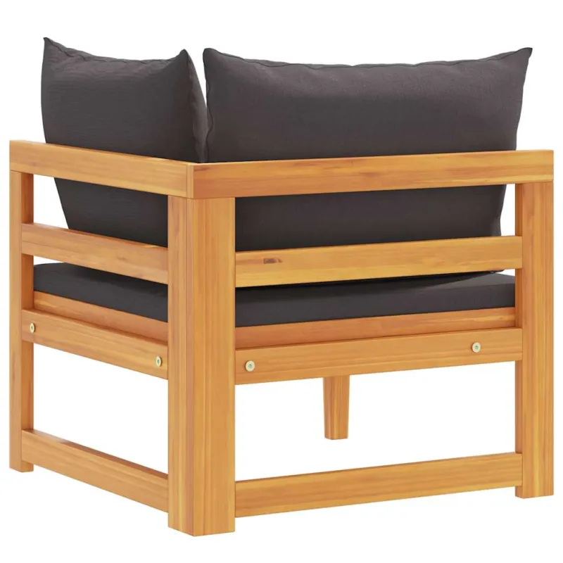 Kampinė sofa su tamsiai pilkomis pagalvėlėmis, akacijos masyvas