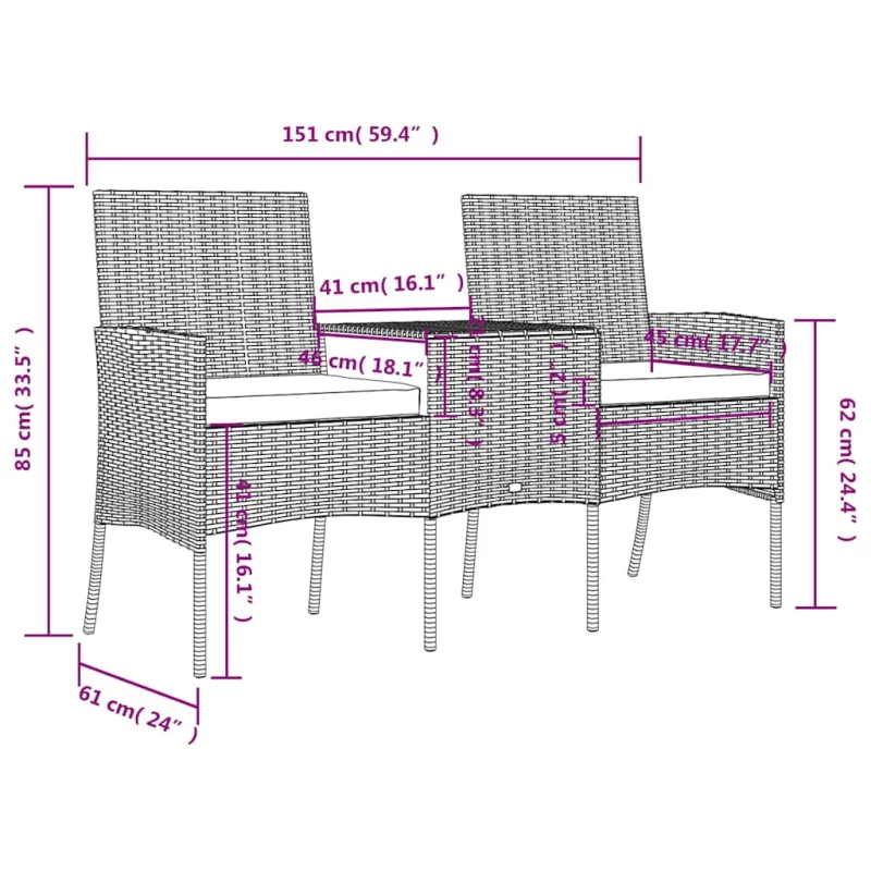 Dvivietė sodo sofa su arbatos staliuku, antracito, poliratanas