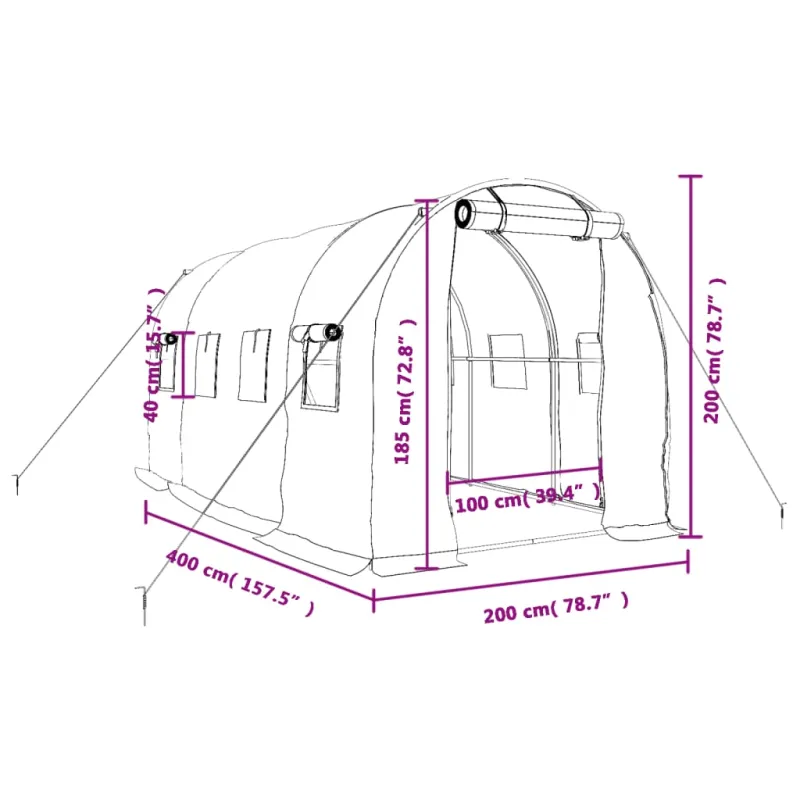 Šiltnamis su plieno rėmu, žalios spalvos, 4x2x2m, 8m²