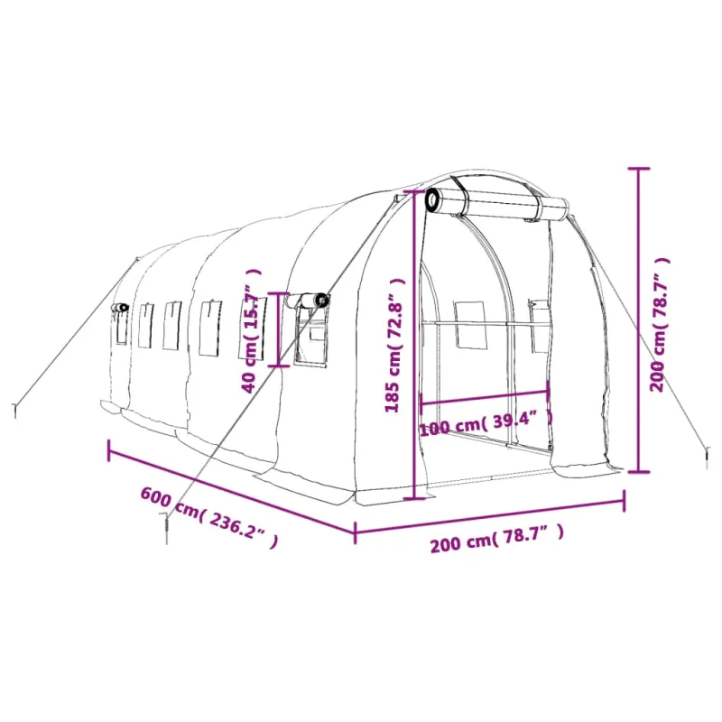 Šiltnamis su plieno rėmu, žalios spalvos, 6x2x2m, 12m²
