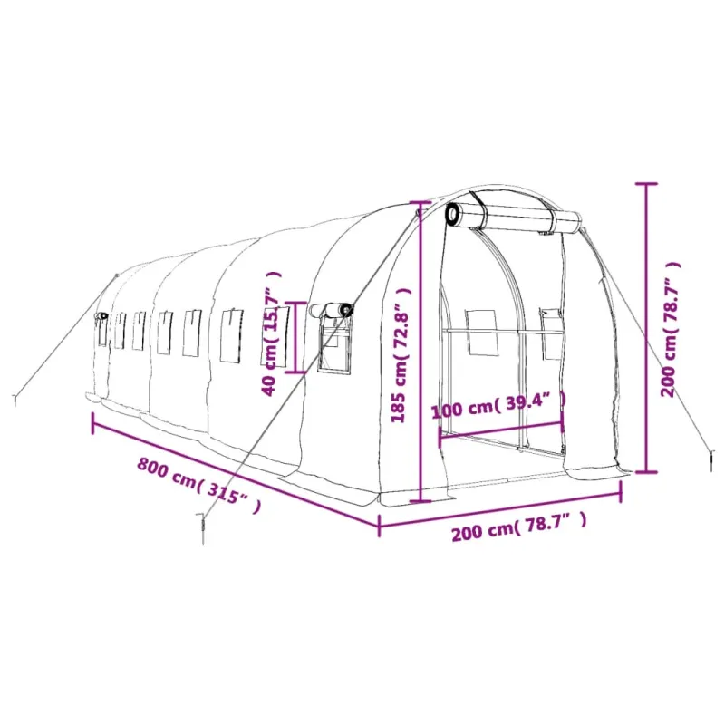 Šiltnamis su plieno rėmu, žalios spalvos, 8x2x2m, 16m²
