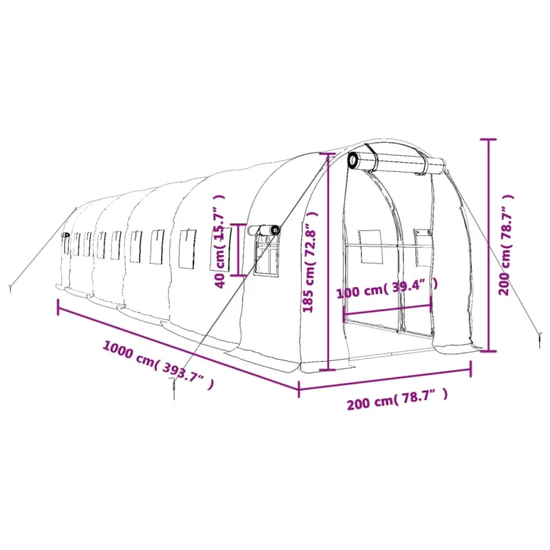 Šiltnamis su plieno rėmu, žalios spalvos, 10x2x2m, 20m²