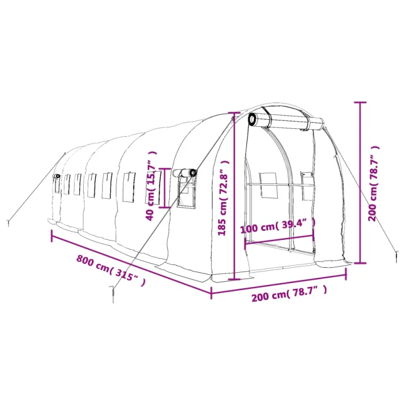 Šiltnamis su plieno rėmu, baltos spalvos, 8x2x2m, 16m²
