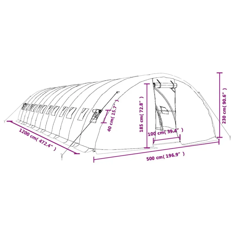 Šiltnamis su plieno rėmu, žalios spalvos, 12x5x2,3m, 60m²