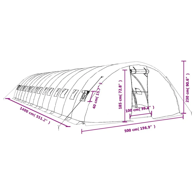 Šiltnamis su plieno rėmu, žalios spalvos, 14x5x2,3m, 70m²