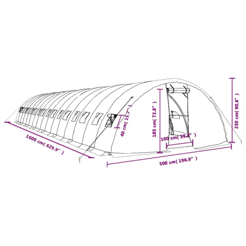 Šiltnamis su plieno rėmu, žalios spalvos, 16x5x2,3m, 80m²