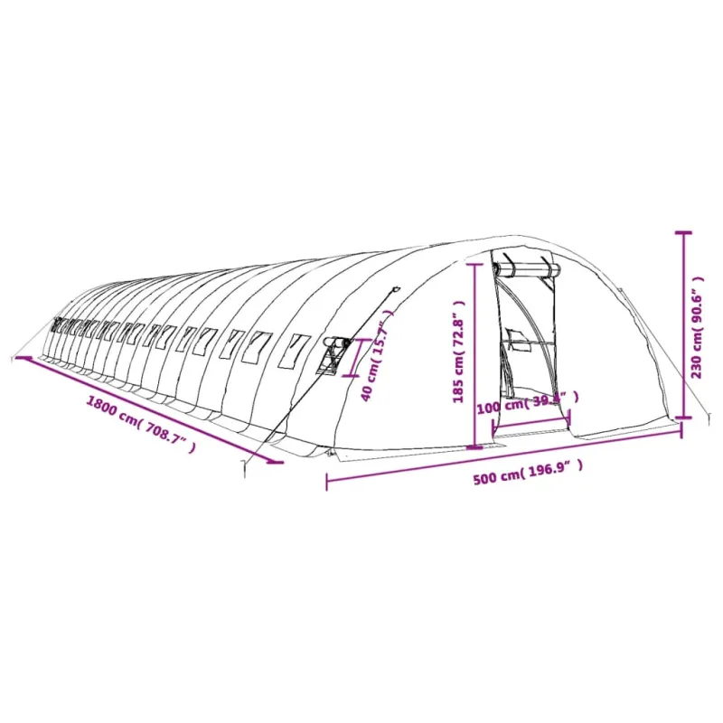 Šiltnamis su plieno rėmu, žalios spalvos, 18x5x2,3m, 90m²