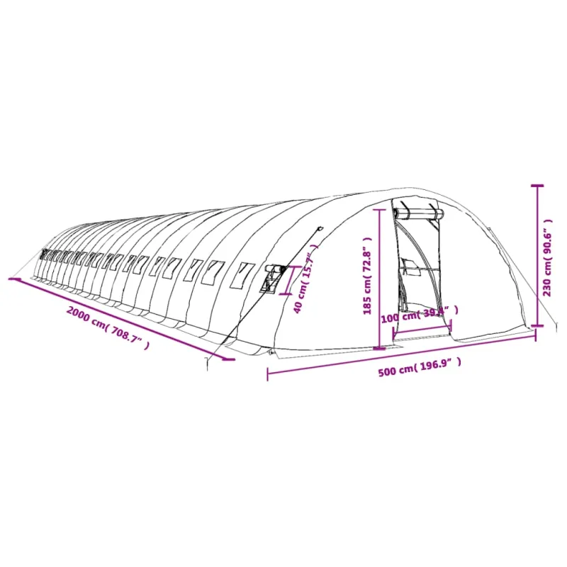 Šiltnamis su plieno rėmu, žalios spalvos, 20x5x2,3m, 100m²