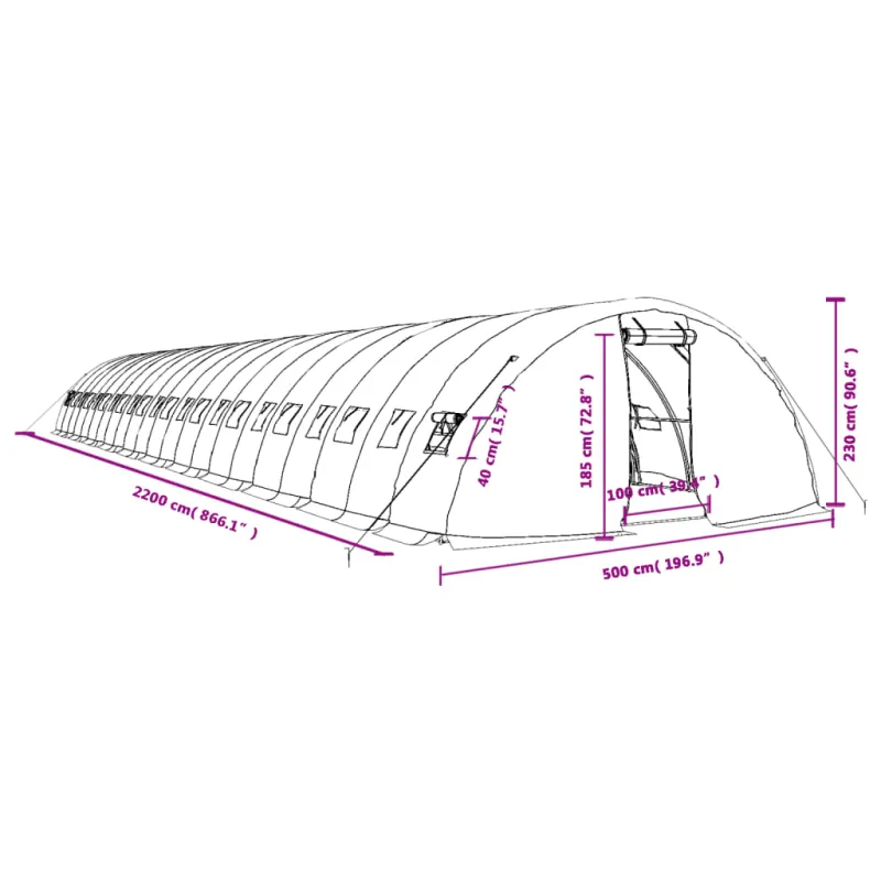 Šiltnamis su plieno rėmu, žalios spalvos, 22x5x2,3m, 110m²