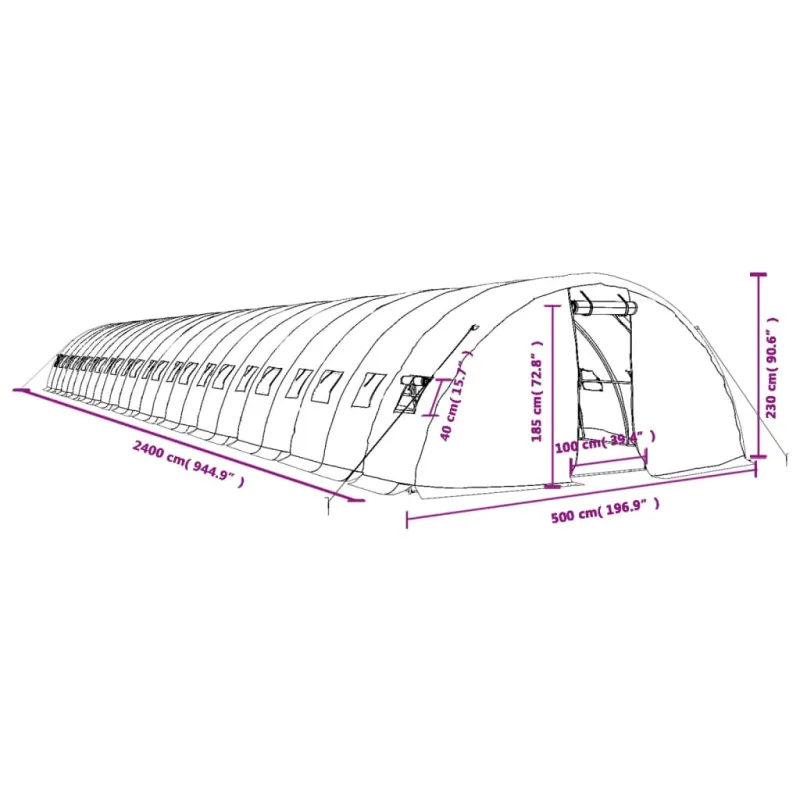 Šiltnamis su plieno rėmu, žalios spalvos, 24x5x2,3m, 120m²