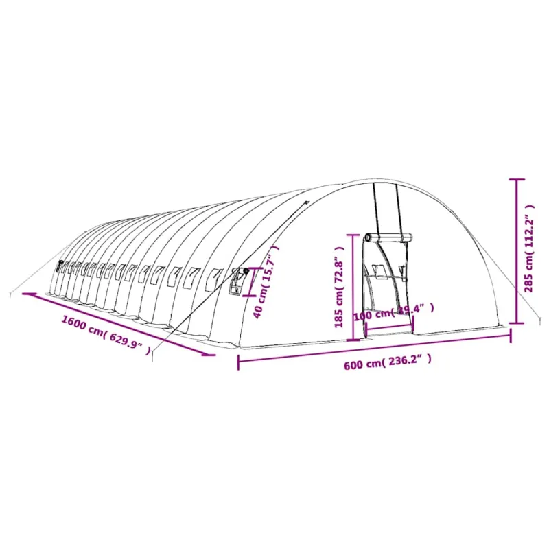 Šiltnamis su plieno rėmu, žalios spalvos, 16x6x2,85m, 96m²