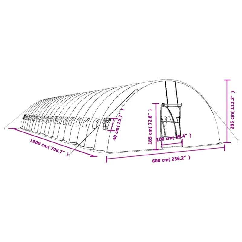 Šiltnamis su plieno rėmu, žalios spalvos, 18x6x2,85m, 108m²