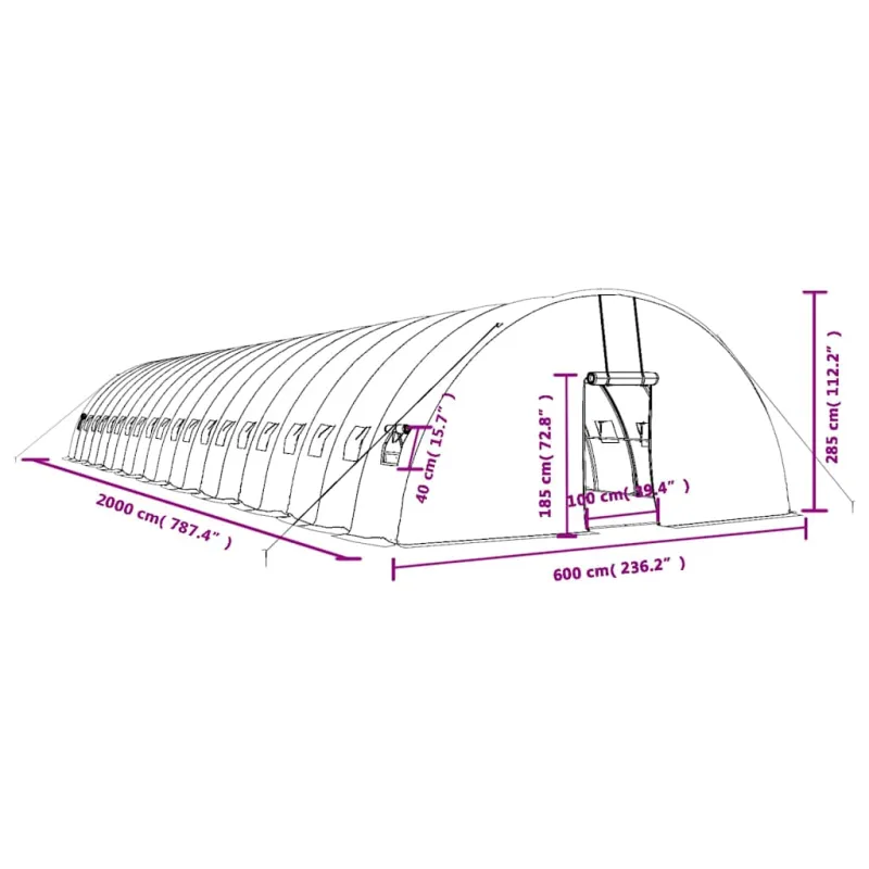 Šiltnamis su plieno rėmu, žalios spalvos, 20x6x2,85m, 120m²
