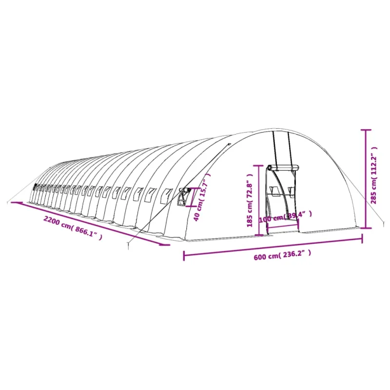 Šiltnamis su plieno rėmu, žalios spalvos, 22x6x2,85m, 132m²
