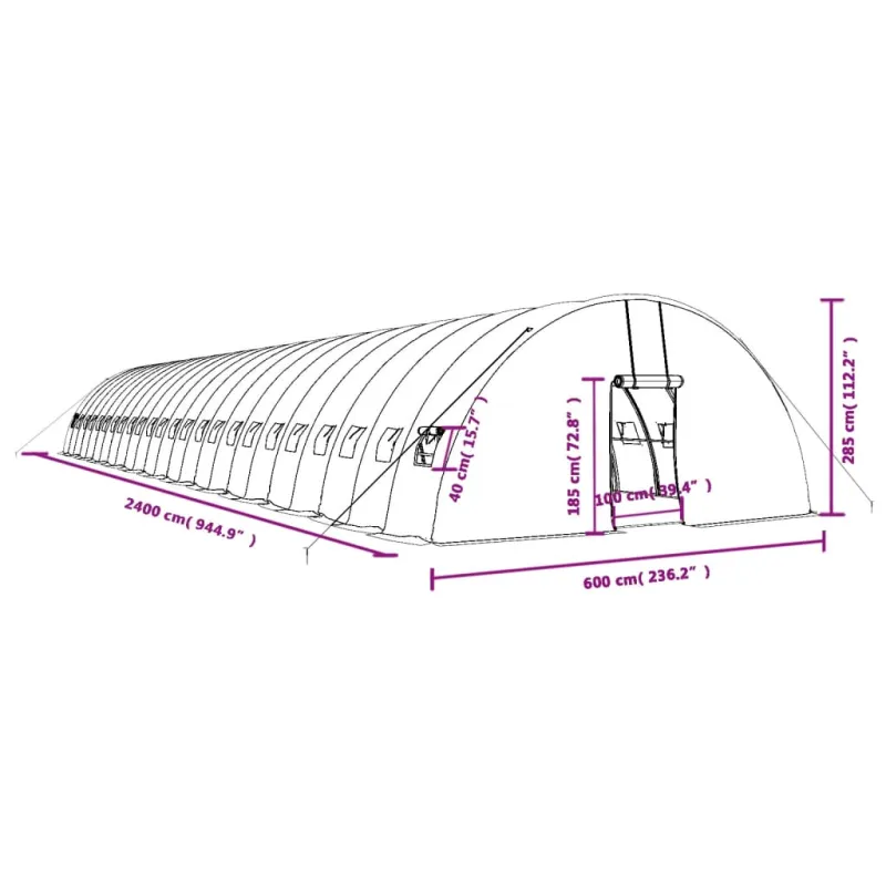 Šiltnamis su plieno rėmu, žalios spalvos, 24x6x2,85m, 144m²