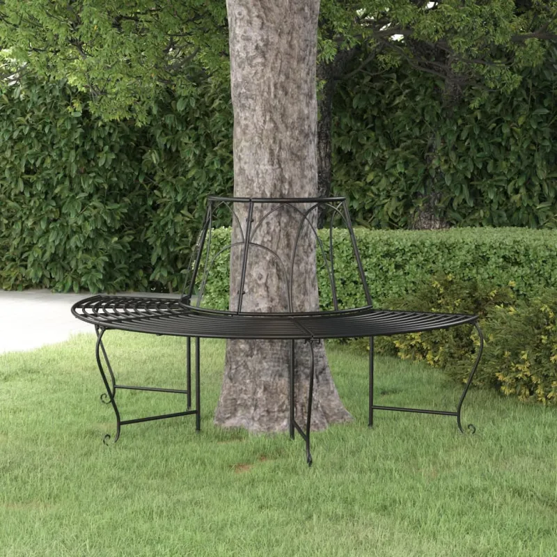 Pusapvalis suoliukas aplink medį, juodas, 159cm, plienas