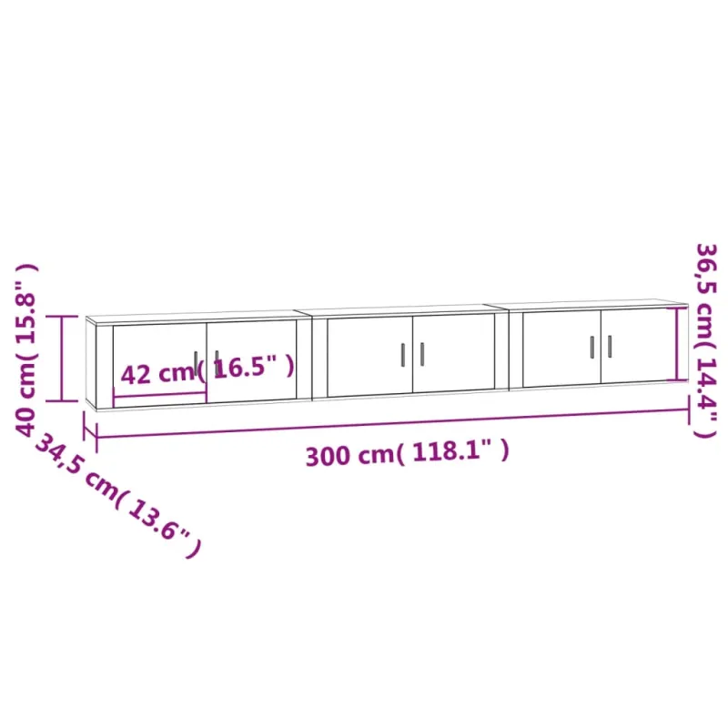 Sieninės TV spintelės, 3vnt., dūminio ąžuolo, 100x34,5x40cm