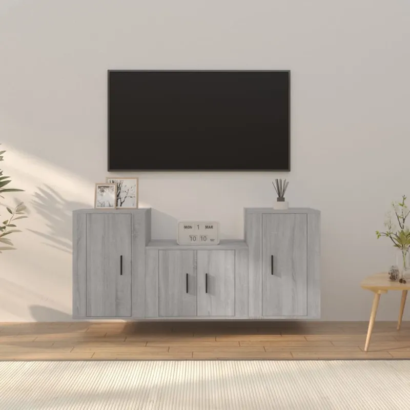 TV spintelių komplektas, 3 dalių, pilkas ąžuolo, mediena