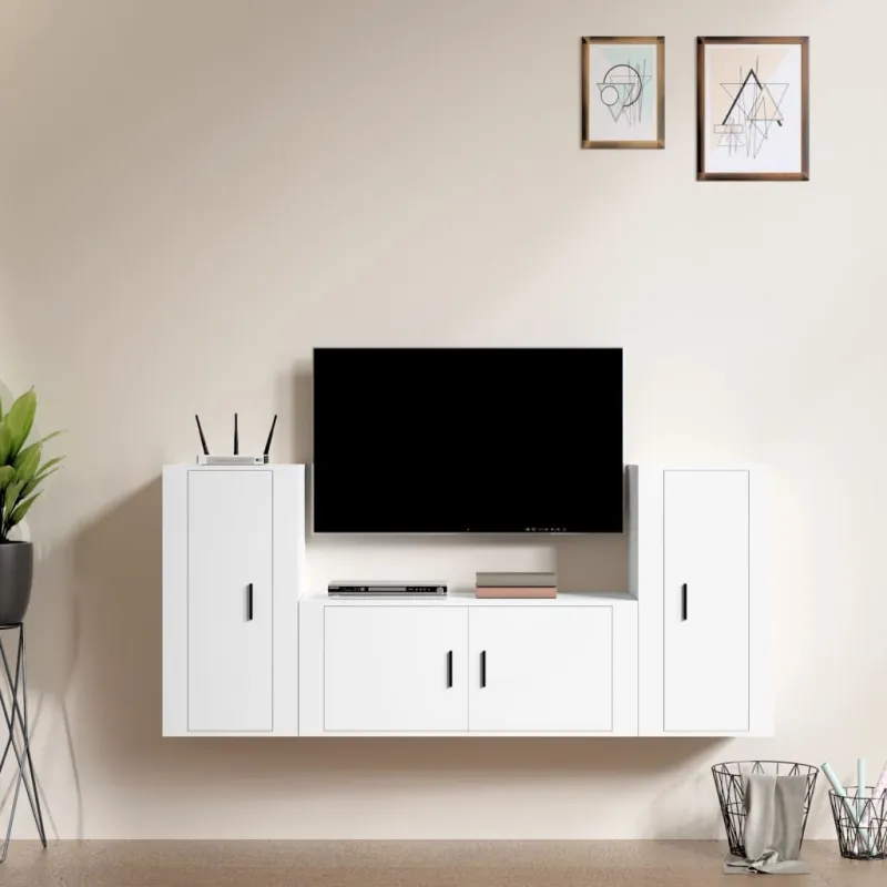 Televizoriaus spintelių komplektas, 3 dalių, baltas, mediena