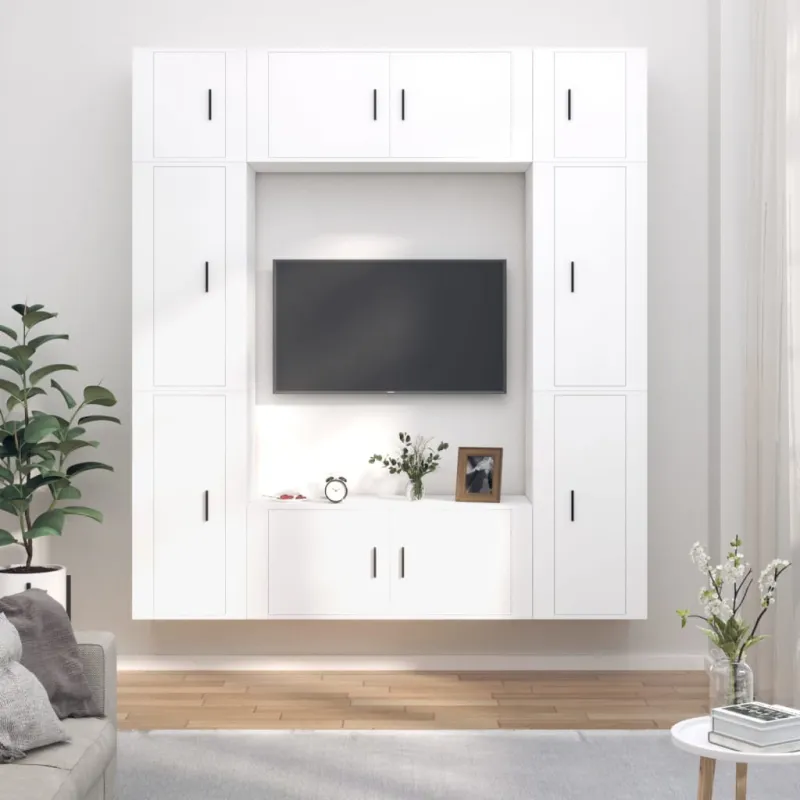 Televizoriaus spintelių komplektas, 8 dalių, baltas, mediena
